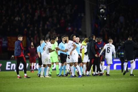 joie des joueurs du PSG en fin de match KIMPEMBE Presnel (PSG) Eric Maxim Choup Moting (PSG) FOOTBALL : PSG vs FC Liverpool - Ligue des Champions UEFA - Paris - 28 11 2018 JBAutissier Panoramic 