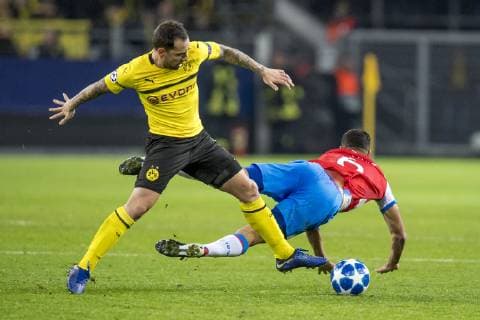 Football UEFA Champions League CL Season 2018 2019 5 Matchday Borussia Dortmund Club Bruges in Dortmund North Rhine-Westphalia Dortmunds Paco Alcacer l and Bruges Sofyan Amrabat fight for the ball UEFA REGULATIONS PROHIBIT ANY USE OF PHOTOGRAPHS AS IMAGE SEQUENCES AND OR QUASI VIDEO Copyright: xKirchner DavidxInderliedx