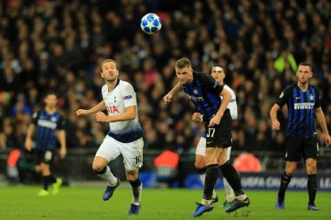 28th November 2018, Wembley Stadium, London England; UEFA Champions League football, Tottenham Hotspur versus Inter Milan; Harry Kane of Tottenham Hotspur competes for the ball with Milan Skriniar of Internazionale  ActionPlus12083816 ShaunxBrooks