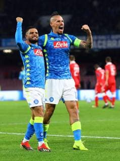 28th November 2018, Stadio San Paolo, Naples, Italy; UEFA Champions League football, Napoli versus Red Star Belgrade; Marek Hamsik of Napoli celebrates his goal with Lorenzo Insigne Napoli  ActionPlus12083831 NaFoto