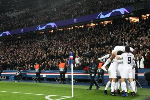 28th November 2018, Parc des Princes, Paris, France; UEFA Champions League football, Paris St-Germain versus Liverpool; PSG players celebrating their goal for 2-0  ActionPlus12083856 PedroxSalado