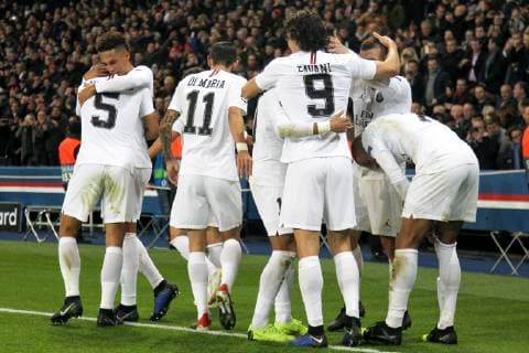 28th November 2018, Parc des Princes, Paris, France; UEFA Champions League football, Paris St-Germain versus Liverpool; PSG players celebrating their goal for 2-0  ActionPlus12083857 PedroxSalado