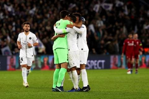 28th November 2018, Parc des Princes, Paris, France; UEFA Champions League football, Paris St-Germain versus Liverpool; PSG players celebrating the victory for 2-1 against Liverpool  ActionPlus12083880 PedroxSalado