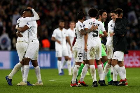 28th November 2018, Parc des Princes, Paris, France; UEFA Champions League football, Paris St-Germain versus Liverpool; PSG players celebrating the victory by 2-1 against Liverpool  ActionPlus12083881 PedroxSalado