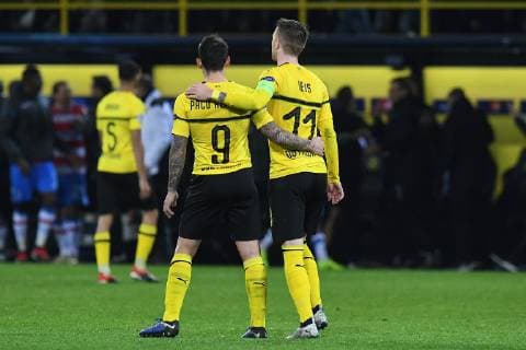 Football Champions League Group Phase 5 Matchday Borussia Dortmund FC Bruges on 28 11 2018 at Signal Iduna Park in Dortmund Paco Alcacer Dortmund left Marco Reus Dortmund right DFL DFB regulations prohibit any use of photographs as image sequences and or quasi video xRx