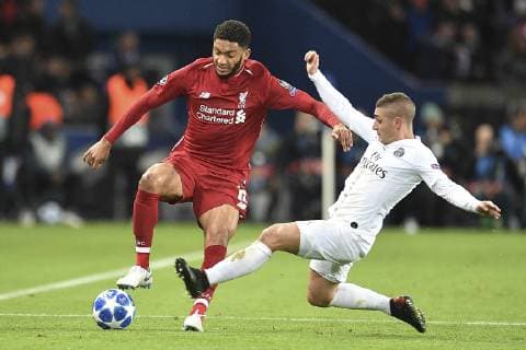 (181129) -- PARIS, Nov. 29, 2018 -- Marco Verratti (R) of Paris Saint-Germain vies with Joe Gomez of Liverpool during the UEFA Champions League group C match between Paris Saint-Germain and Liverpool in Paris, France on Nov. 28, 2018. Paris Sain-Germain won 2-1. ) (SP)FRANCE-PARIS-FOOTBALL-UEFA CHAMPIONS LEAGUE-PARIS SAINT-GERMAIN VS LIVERPOOL JackxChan 
