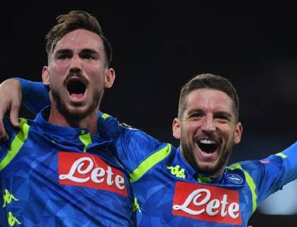 (181129) -- NAPLES, Nov. 29, 2018 -- Napoli s Dries Mertens (R) celebrates with his teammate Fabian Ruiz during the UEFA Champions League Group C match between Napoli and Red Star Belgrade in Naples, Italy, Nov. 28, 2018. Napoli won 3-1. ) (SP)ITALY-NAPLES-FOOTBALL-UEFA CHAMPIONS LEAGUE-NAPOLI VS RED STAR AlbertoxLingria 