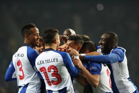 (181129) -- PORTO, Nov. 29, 2018 (Xinhua) -- Players of Porto celebrate scoring during the UEFA Champions League Group D soccer match between FC Porto and Schalke 04 at Dragon Stadium in Porto, Portugal, on Nov. 28, 2018. Porto won 3-1. (Xinhua Catarina Morais) (SP)PORTUGAL-PORTO-UEFA CHAMPIONS LEAGUE-FC PORTO VS SCHALKE 04 
