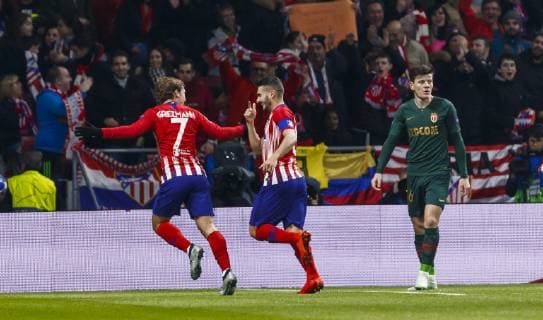 Partido de la Liga de Campeones entre el Atletico y el Monaco en el Wanda Metropolitano. En la imagen, Griezmann celebra su gol. Champions League match between Atletico and Monaco. In this picture, Griezmann celebrates his goal. 