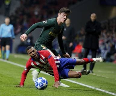Partido de la Liga de Campeones entre el Atletico y el Monaco en el Wanda Metropolitano. En la imagen, Lemar y Biancone.Champions League match between Atletico and Monaco. In this picture, Lemar and Biancone. 