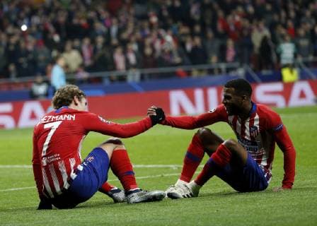 Partido de la Liga de Campeones entre el Atletico y el Monaco en el Wanda Metropolitano. En la imagen, Griezmann celebra su gol con Lemar. Champions League match between Atletico and Monaco. In this picture, Griezmann celebrates his goal with Lemar. 