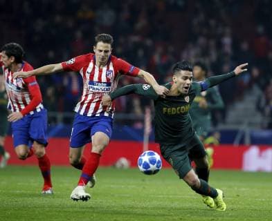Partido de la Liga de Campeones entre el Atletico y el Monaco en el Wanda Metropolitano. En la imagen, Arias y Falcao.Champions League match between Atletico and Monaco. In this picture, Arias and Falcao. 