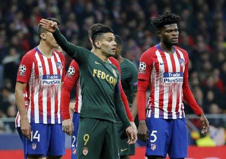 Partido de la Liga de Campeones entre el Atletico y el Monaco en el Wanda Metropolitano. En la imagen, Thomas y Falcao.Champions League match between Atletico and Monaco. In this picture, Thomas and Falcao. 
