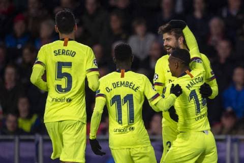 November 28, 2018 - Eindhoven, Netherlands - Gerard Pique of Barcelona celebrates his scoring with teammates during the UEFA Champions League Group B match between PSV Eindhoven and FC Barcelona Barca at Philips Stadium in Eindhoven, Netherlands on November 28, 2018 PSV v FC Barcelona - UEFA Champions League Group B  - ZUMAn230 20181128_zaa_n230_531 Copyright: xAndrewxSurmax