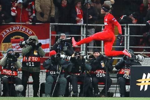 Sport Bilder des Tages MOSCOW, RUSSIA - NOVEMBER 29, 2018: Spartak Moscow s Spartak Moscow s Ze Luis celebrates scoring in the 2018 19 UEFA Europa League Group G Round 5 football match against Rapid Vienna at Otkrytie Arena. Sergei Fadeichev TASS  TS099435
