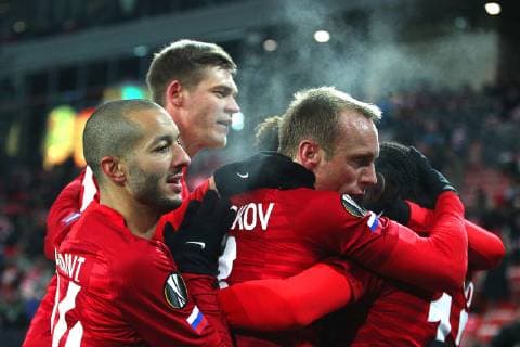MOSCOW, RUSSIA - NOVEMBER 29, 2018: Spartak Moscow s players celebrate scoring in the 2018 19 UEFA Europa League Group G Round 5 football match against Rapid Vienna at Otkrytie Arena. Sergei Bobylev TASS  TS09943B