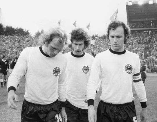 Soccer World Cup 1974 GDR Germany 1 0 in Hamburg from left Uli Hoeness Paul Breitner Franz Beckenbauer disappointed HM