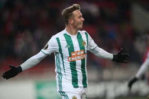 SOCCER - UEFA EL, Spartak vs Rapid MOSCOW,RUSSIA,29.NOV.18 - SOCCER - UEFA Europa League, group stage, FC Spartak Moscow vs SK Rapid Wien. Image shows the rejoicing of Philipp Schobesberger (Rapid). Keywords: Wien Energie. GEPAxpictures xPhilippxBrem