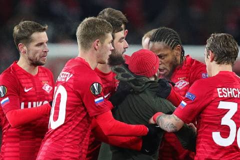 MOSCOW, RUSSIA - NOVEMBER 29, 2018: Spartak Moscow s players and a pitch invader in the 2018 19 UEFA Europa League Group G Round 5 football match against Rapid Vienna at Otkrytie Arena. Sergei Bobylev TASS  TS09947C