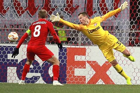 MOSCOW, RUSSIA - NOVEMBER 29, 2018: Spartak Moscow s goalkeeper Artyom Rebrov (R) concedes a goal in the 2018 19 UEFA Europa League Group G Round 5 football match against Rapid Vienna at Otkrytie Arena. Sergei Fadeichev TASS  TS099485
