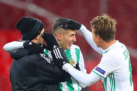 MOSCOW, RUSSIA - NOVEMBER 29, 2018: Rapid Vienna s Stefan Schwab and Philipp Schobesberger (R-L) celebrate their victory in the 2018 19 UEFA Europa League Group G Round 5 football match against Spartak Moscow at Otkrytie Arena. Sergei Bobylev TASS  TS0994A0