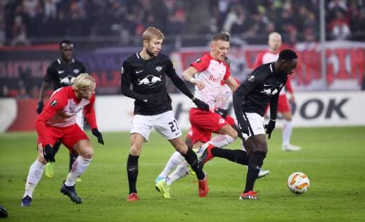 Salzburg RB Leipzig Football Euro League Salzburg 29 11 2018 Red Bull Arena Football UEFA Euro League Group B 5 Matchday FC Salzburg vs. RB Leipzig In the picture from left Xaver Schlager 42 Salzburg Konrad Laimer 27 RB Leipzig Hannes Wolf 13 Salzburg and Jean Kevin Augustin 29 RB Leipzig According to UEFAs specifications, it is prohibited to exploit or have exploited photographs taken in the stadium and or during the match in the form of sequential images and or video-like photo series