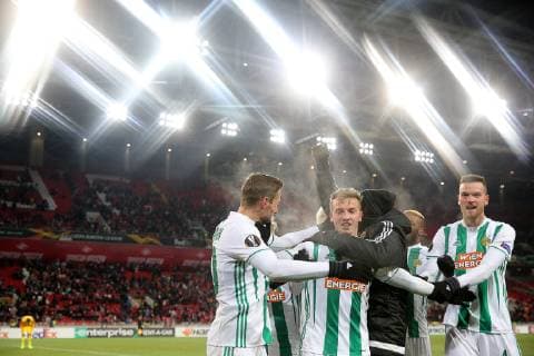 MOSCOW, RUSSIA - NOVEMBER 29, 2018: Rapid Vienna s players celebrate their victory in the 2018 19 UEFA Europa League Group G Round 5 football match against Spartak Moscow at Otkrytie Arena. Sergei Bobylev TASS  TS0994AC