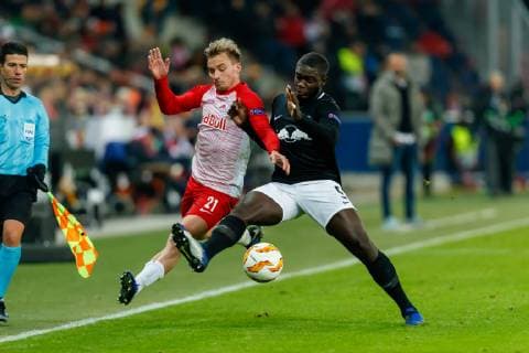 Austria Salzburg 29 11 2018 UEFA Europa League 2018 19 Season Preliminary Round Group Phase Group B 5 Matchday RB Salzburg RB Leipzig RB Fredrik Gulbrandsenv RBS and Dayot Upamecano RBL in the duel DeFodi507