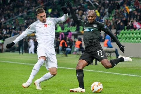 KRASNODAR, RUSSIA - NOVEMBER 29, 2018: FC Krasnodar s Charles Kabore (R) in action in the 2018 19 UEFA Europa League Group J Round 5 football match against Akhisar Belediyespor at Krasnodar Stadium. Maxim Romanov TASS  TS0994D0