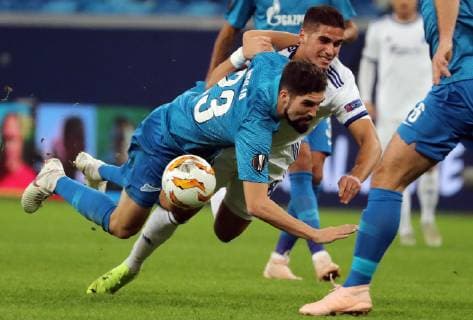 ST PETERSBURG, RUSSIA - NOVEMBER 29, 2018: Zenit St Petersburg s Miha Mevlja (L) and FC Copenhagen s Pieros Sotiriou in action in their 2018 19 UEFA Europa League Group C Round 5 football match at St Petersburg Stadium. Alexander Demianchuk TASS  TS0994C9
