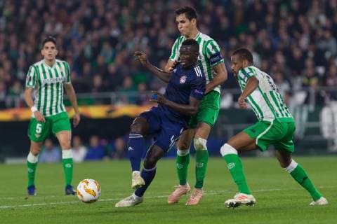 29th November 2018, Estadio Benito Villamarin, Seville, Spain; UEFA Europa League football, Real Betis versus Olympiakos; Mady Camara of Olympiacos protects the ball from Aissa Mandi and Sidnei of Real Betis  ActionPlus12083910 AntonioxGomez