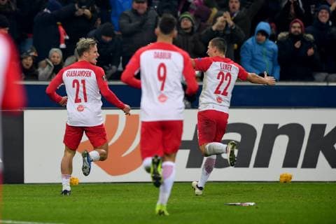 SOCCER - UEFA EL, RBS vs RB Leipzig SALZBURG,AUSTRIA,29.NOV.18 - SOCCER - UEFA Europa League, group stage, Red Bull Salzburg vs RasenBallsport Leipzig. Image shows the rejoicing of Fredrik Gulbrandsen, Munas Dabbur and Stefan Lainer (RBS). GEPAxpictures xFlorianxErtl