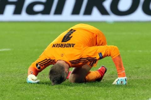 ST PETERSBURG, RUSSIA - NOVEMBER 29, 2018: FC Copenhagen s goalkeeper Stephan Andersen reacts as he concedes a goal in the 2018 19 UEFA Europa League Group C Round 5 football match against Zenit St Petersburg at St Petersburg Stadium. Alexander Demianchuk TASS  TS0994E6