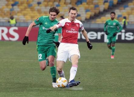 Defender Stephan Lichtsteiner (R) of Arsenal FC and midfielder Pavlo Rebenok of FC Vorskla Poltava are seen in action during the UEFA Europa League Group E Matchday 5 game at the NSC Olimpiyskiy, Kyiv, capital of Ukraine, November 29, 2018. Ukrinform. UEL: Vorskla vs Arsenal in Kyiv  Copyright: xHennadiixMinchenkox