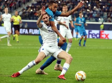ST PETERSBURG, RUSSIA - NOVEMBER 29, 2018: FC Copenhagen s Rasmus Falk (front) and Zenit St Petersburg s Hernani (back) in action in their 2018 19 UEFA Europa League Group C Round 5 football match at St Petersburg Stadium. Alexander Demianchuk TASS  TS0994E7