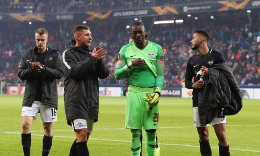 Salzburg RB Leipzig Football Euro League Salzburg 29 11 2018 Red Bull Arena Football UEFA Europa League Group B 5 Matchday FC Red Bull Salzburg vs. RB Leipzig 1 0 0 0 In the picture Disappointment after the match with the Leipzigers v Lukas Klostermann Willi Orban Goalkeeper Yvon Mvogo and Matheus Cunha According to UEFAs guidelines it is forbidden to use or have used photos taken in the stadium and or the match in the form of sequence pictures and or video-like photo galleries