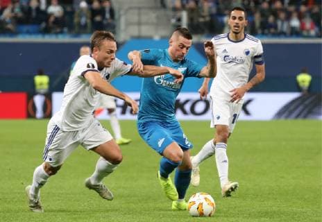 ST PETERSBURG, RUSSIA - NOVEMBER 29, 2018: FC Copenhagen s Rasmus Falk, Zenit St Petersburg s Robert Mak, and FC Copenhagen s Zeca (L-R) in action in their 2018 19 UEFA Europa League Group C Round 5 football match at St Petersburg Stadium. Alexander Demianchuk TASS  TS0994F1