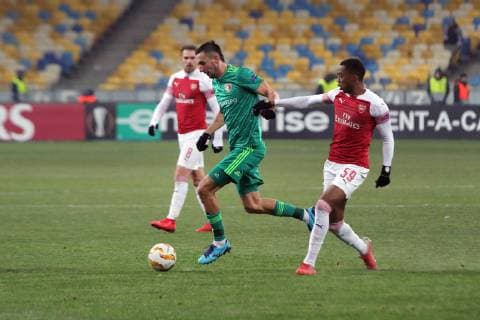 Forward Joe Willock (R) of Arsenal FC is seen in action with a player of FC Vorskla Poltava during the UEFA Europa League Group E Matchday 5 game at the NSC Olimpiyskiy, Kyiv, capital of Ukraine, November 29, 2018. Ukrinform. UEL: Vorskla vs Arsenal in Kyiv  Copyright: xPavlo_Bagmutx