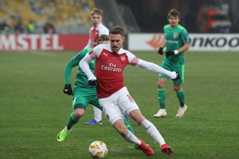Midfielder Aaron Ramsey of Arsenal FC controls the ball during the UEFA Europa League Group E Matchday 5 game against FC Vorskla Poltava at the NSC Olimpiyskiy, Kyiv, capital of Ukraine, November 29, 2018. Ukrinform. UEL: Vorskla vs Arsenal in Kyiv  Copyright: xPavlo_Bagmutx