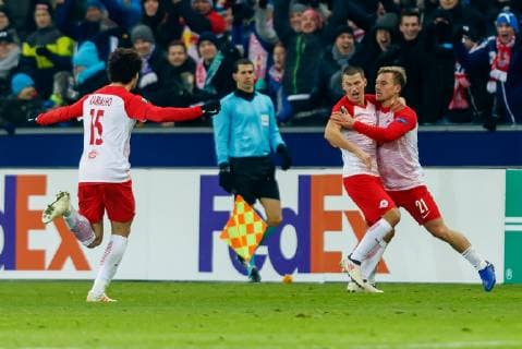 Austria Salzburg 29 11 2018 UEFA Europa League 2018 19 Season Preliminary Round Group Phase Group B 5 Matchday RB Salzburg RB Leipzig cheers for Fredrik Gulbrandsenv RBS after the 1-0 goal DeFodi507
