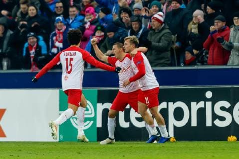 Austria Salzburg 29 11 2018 UEFA Europa League 2018 19 Season Preliminary Round Group Phase Group B 5 Matchday RB Salzburg RB Leipzig cheers for Fredrik Gulbrandsenv RBS after the 1-0 goal DeFodi507