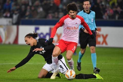 Yussuf POULSEN L Action Duel against Andre RAMALHO Salzburg Football Europa League Group B 5 Matchday FC Salzburg SL RB Leipzig L 1 0 29 11 2018 Stadion Salzburg