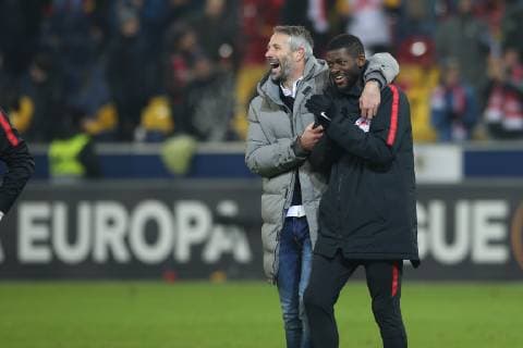 SOCCER - UEFA EL, RBS vs RB Leipzig SALZBURG,AUSTRIA,29.NOV.18 - SOCCER - UEFA Europa League, group stage, Red Bull Salzburg vs RasenBallsport Leipzig. Image shows head coach Marco Rose and Jerome Onguene (RBS). GEPAxpictures xMathiasxMandl