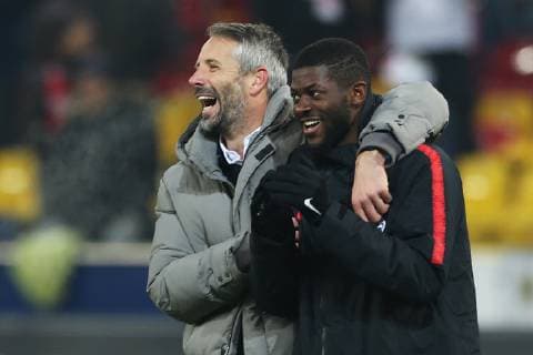 SOCCER - UEFA EL, RBS vs RB Leipzig SALZBURG,AUSTRIA,29.NOV.18 - SOCCER - UEFA Europa League, group stage, Red Bull Salzburg vs RasenBallsport Leipzig. Image shows head coach Marco Rose and Jerome Onguene (RBS). GEPAxpictures xMathiasxMandl