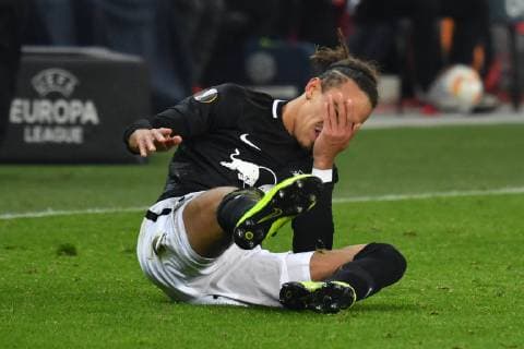 Yussuf POULSEN L on the ground disappointment frustration disappointed frustrated dejected action single action single picture clipping whole figure football Europa League group phase group B 5 matchday FC Salzburg SL RB Leipzig L 1 0 at 29 11 2018 stadium Salzburg