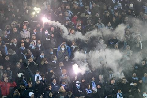 Malmo FF s supporters pictured before the start of the match between Belgian soccer team KRC Genk and Swedish club Malmo in Malmo, Sweden, Thursday 29 November 2018, on the fifth day of the UEFA Europa League group stage, in group I. YORICKxJANSENS  x05479537x