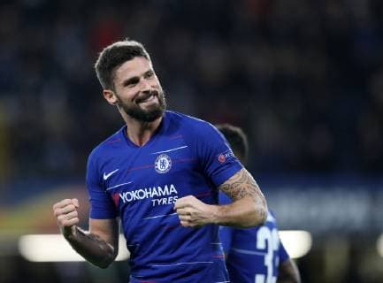 Chelsea s Olivier Giroud celebrates scoring his sides opening goal during the UEFA Europa League, Group L match at Stamford Bridge Stadium, London. Picture date: 29th November 2018. Picture credit should read: David Klein Sportimage EDITORIAL USE ONLY. No use with unauthorised audio, video, data, fixture lists, club league logos or live services. Online in-match use limited to 120 images, no video emulation. No use in betting, games or single club league player publications. A54I7283.JPG
