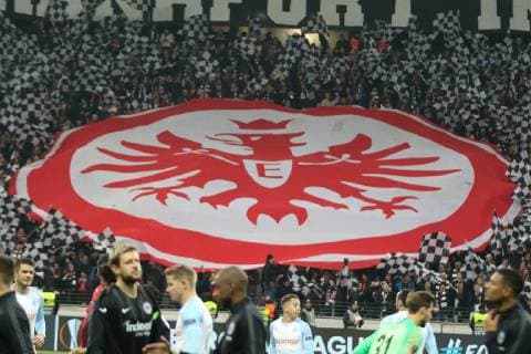 29 11 2018 GER Frankfurt am Main Commerzbankarena Europa League Eintracht Frankfurt SGE Olympique Marseille the enthusiasm of the fans knows no bounds Flags and symbols DFL regulations prohibit any use of photographs as image sequences and or quasi video