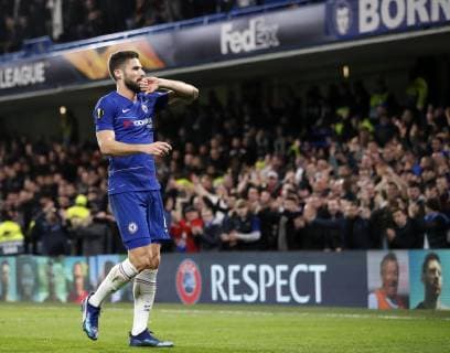 Chelsea s Olivier Giroud celebrates scoring his sides opening goal during the UEFA Europa League, Group L match at Stamford Bridge Stadium, London. Picture date: 29th November 2018. Picture credit should read: David Klein Sportimage EDITORIAL USE ONLY. No use with unauthorised audio, video, data, fixture lists, club league logos or live services. Online in-match use limited to 120 images, no video emulation. No use in betting, games or single club league player publications. _K2I2001.JPG
