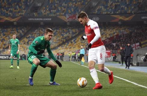 Midfielder Aaron Ramsey (R) of Arsenal FC and defender Vadym Sapai of FC Vorskla Poltava are seen in action during the UEFA Europa League Group E Matchday 5 game at the NSC Olimpiyskiy, Kyiv, capital of Ukraine, November 29, 2018. Ukrinform. UEL: Vorskla vs Arsenal in Kyiv  Copyright: xDanilxShamkinx